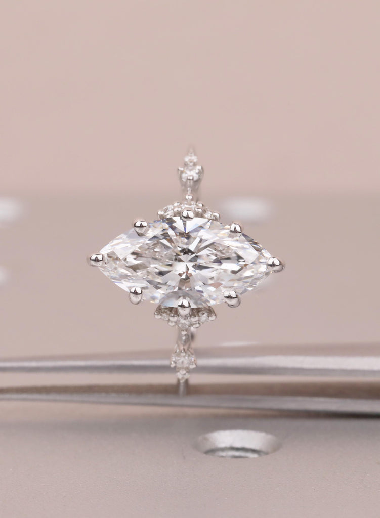 Lab Diamond Marquise Engagement Rings, Vintage Moissanite Cluster Rings For Women, Delicate 14K White Gold Promise Ring, Statement Ring image #9