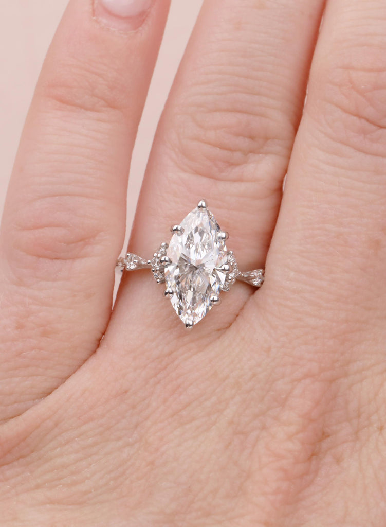 Lab Diamond Marquise Engagement Rings, Vintage Moissanite Cluster Rings For Women, Delicate 14K White Gold Promise Ring, Statement Ring image #12