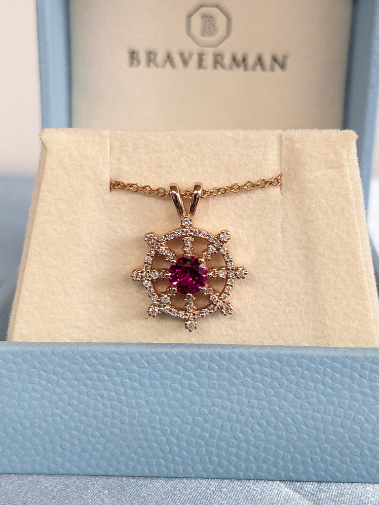 Round Ruby Rose Gold Necklace for Women | Diamond Pendant Nautical Wheel Charm Necklace | July Birthstone Jewelry Gift for Her image #5
