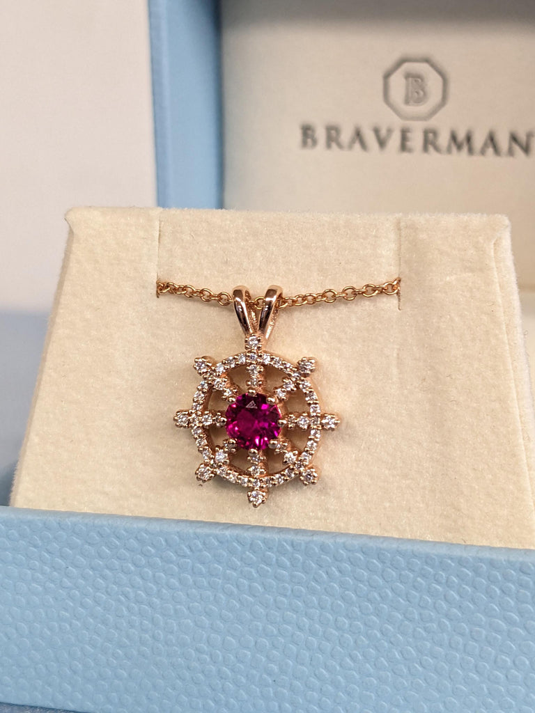 Round Ruby Rose Gold Necklace for Women | Diamond Pendant Nautical Wheel Charm Necklace | July Birthstone Jewelry Gift for Her image #6