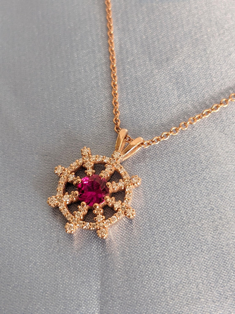 Round Ruby Rose Gold Necklace for Women | Diamond Pendant Nautical Wheel Charm Necklace | July Birthstone Jewelry Gift for Her image #7