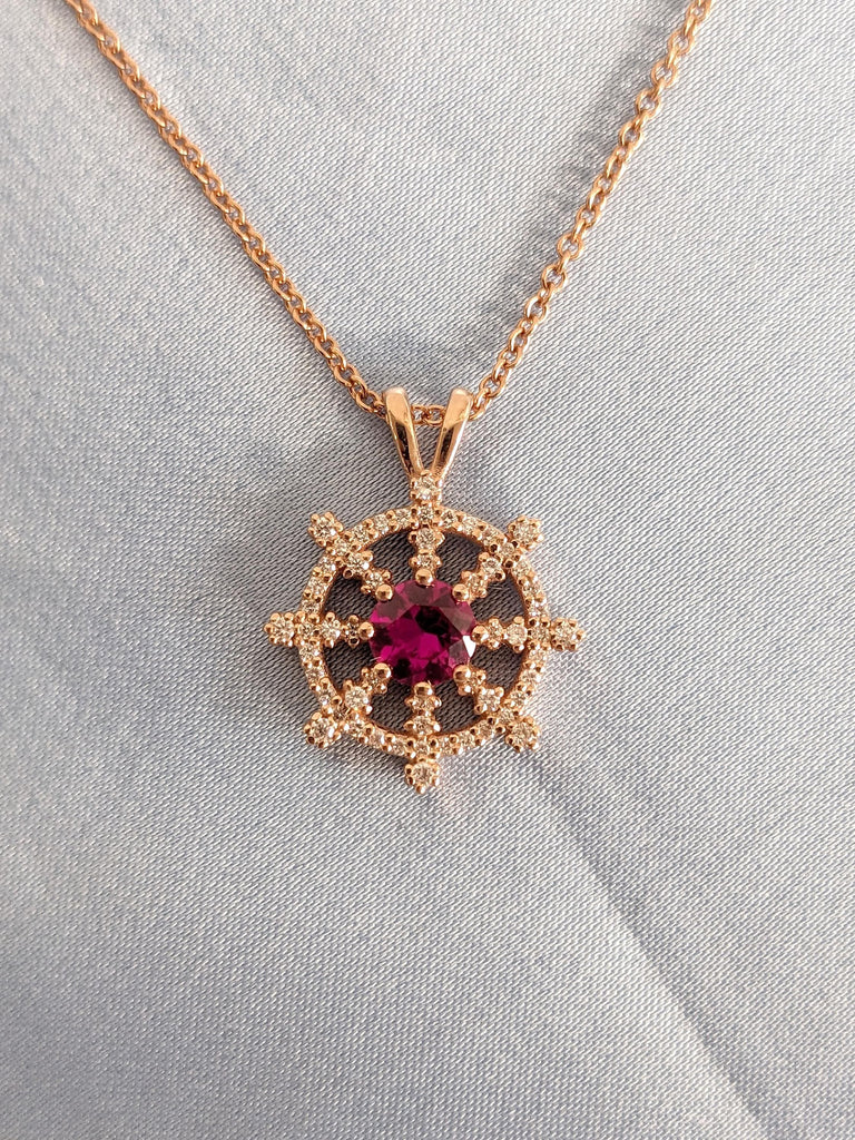 Round Ruby Rose Gold Necklace for Women | Diamond Pendant Nautical Wheel Charm Necklace | July Birthstone Jewelry Gift for Her image #1