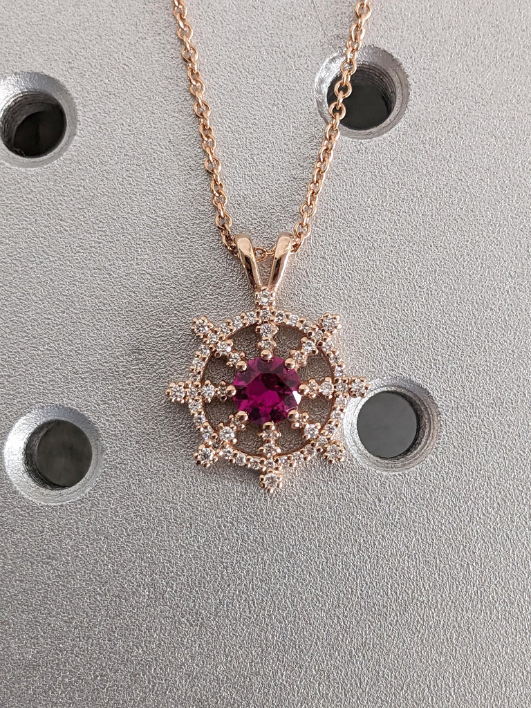 Round Ruby Rose Gold Necklace for Women | Diamond Pendant Nautical Wheel Charm Necklace | July Birthstone Jewelry Gift for Her image #3