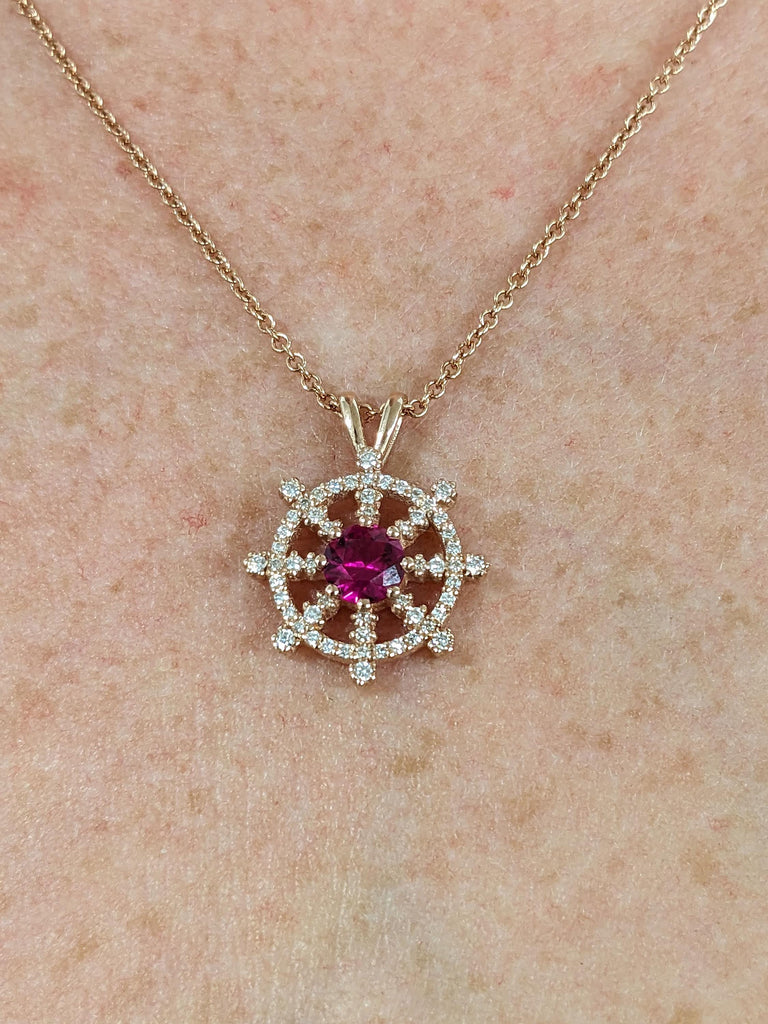 Round Ruby Rose Gold Necklace for Women | Diamond Pendant Nautical Wheel Charm Necklace | July Birthstone Jewelry Gift for Her image #4