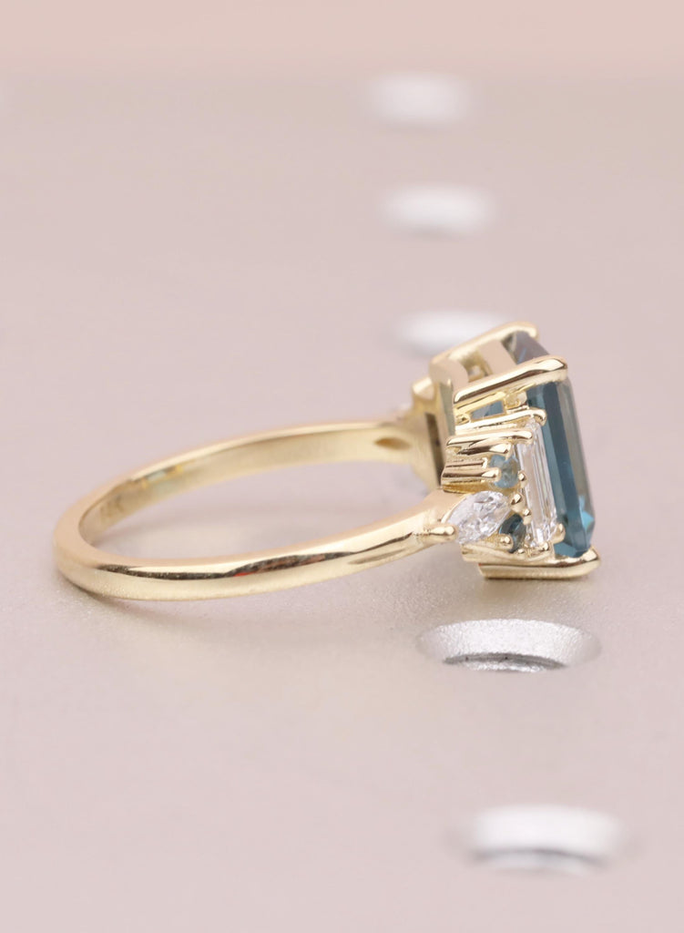 Blue Emerald Cut Engagement Ring, London Blue Natural Topaz Gemstone Ring, Baguette Marquise Ring For Woman, December Birthstone Jewelry image #3