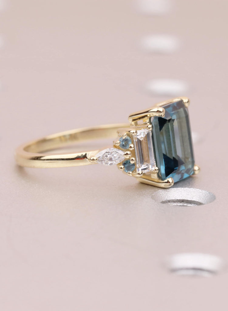 Blue Emerald Cut Engagement Ring, London Blue Natural Topaz Gemstone Ring, Baguette Marquise Ring For Woman, December Birthstone Jewelry image #2