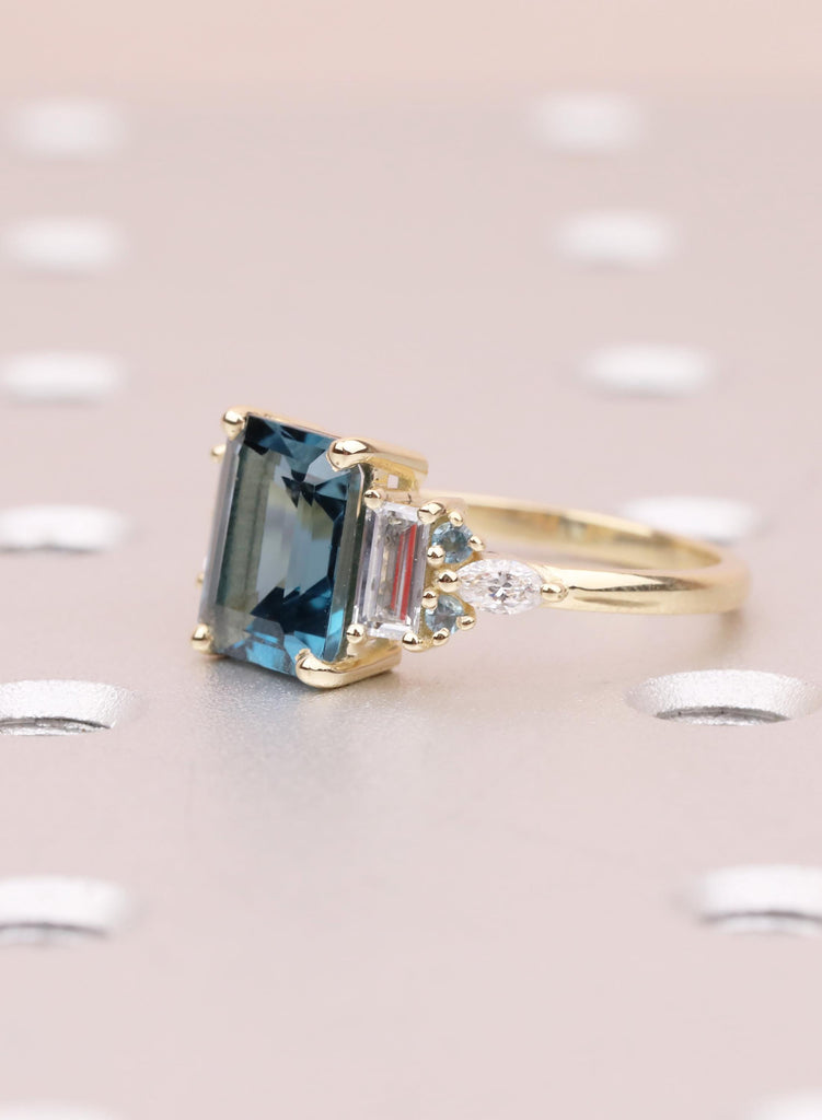 Blue Emerald Cut Engagement Ring, London Blue Natural Topaz Gemstone Ring, Baguette Marquise Ring For Woman, December Birthstone Jewelry image #6