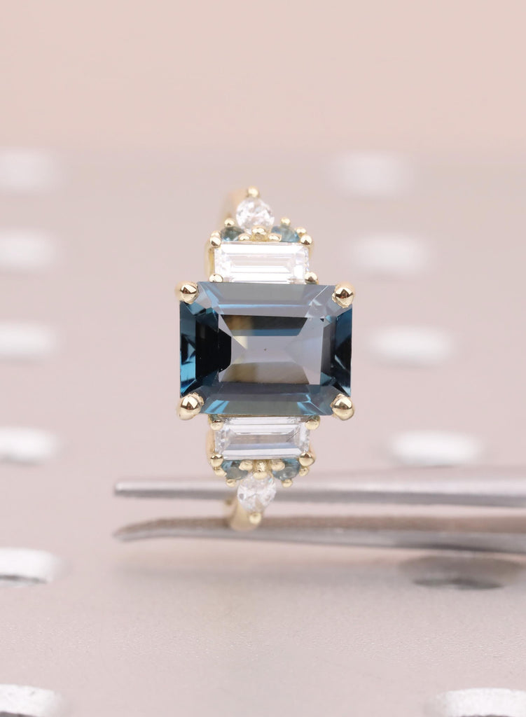 Blue Emerald Cut Engagement Ring, London Blue Natural Topaz Gemstone Ring, Baguette Marquise Ring For Woman, December Birthstone Jewelry image #11