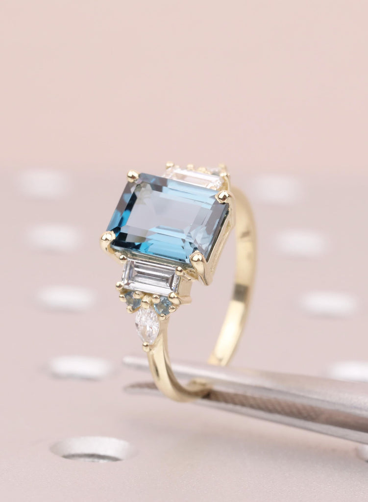 Blue Emerald Cut Engagement Ring, London Blue Natural Topaz Gemstone Ring, Baguette Marquise Ring For Woman, December Birthstone Jewelry image #9