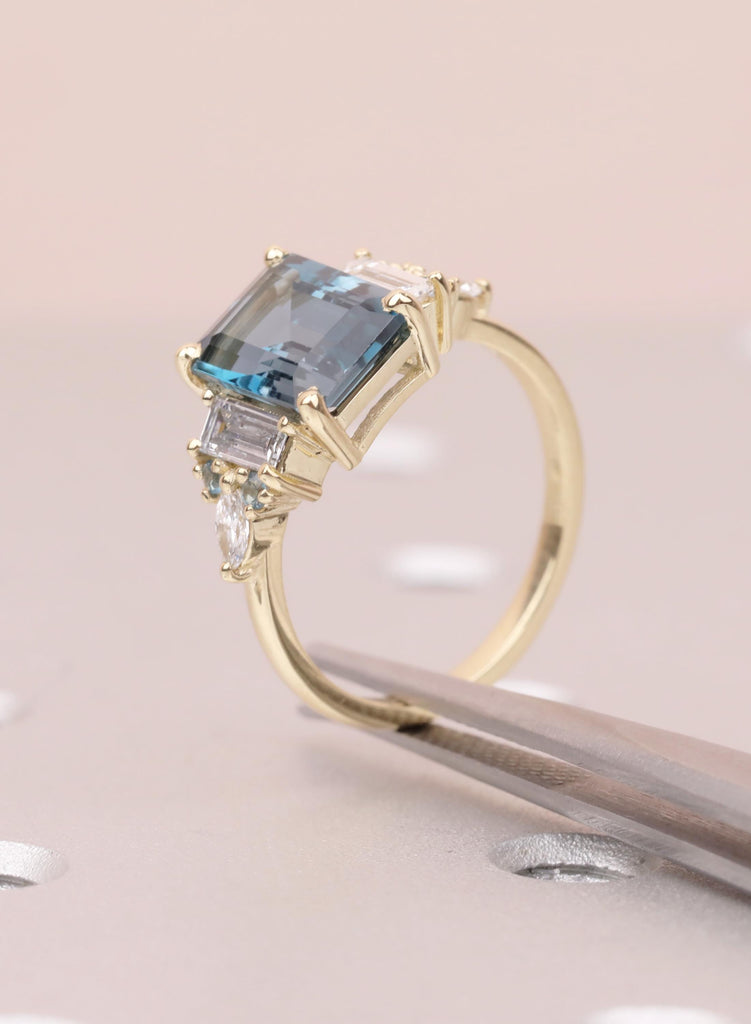 Blue Emerald Cut Engagement Ring, London Blue Natural Topaz Gemstone Ring, Baguette Marquise Ring For Woman, December Birthstone Jewelry image #10
