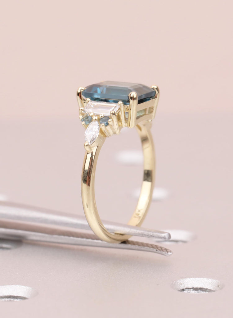 Blue Emerald Cut Engagement Ring, London Blue Natural Topaz Gemstone Ring, Baguette Marquise Ring For Woman, December Birthstone Jewelry image #13