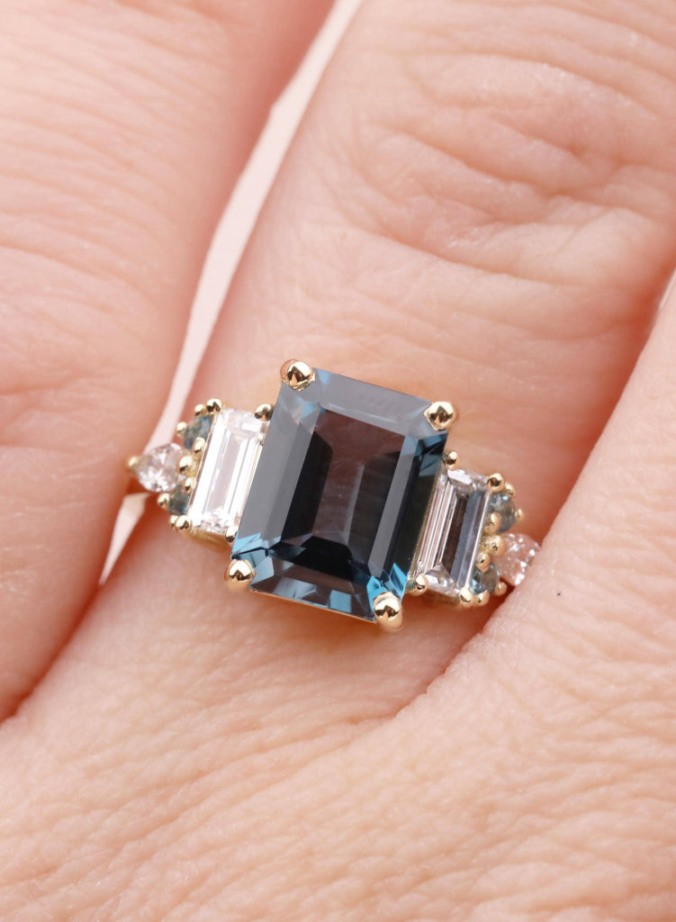 Blue Emerald Cut Engagement Ring, London Blue Natural Topaz Gemstone Ring, Baguette Marquise Ring For Woman, December Birthstone Jewelry image #16