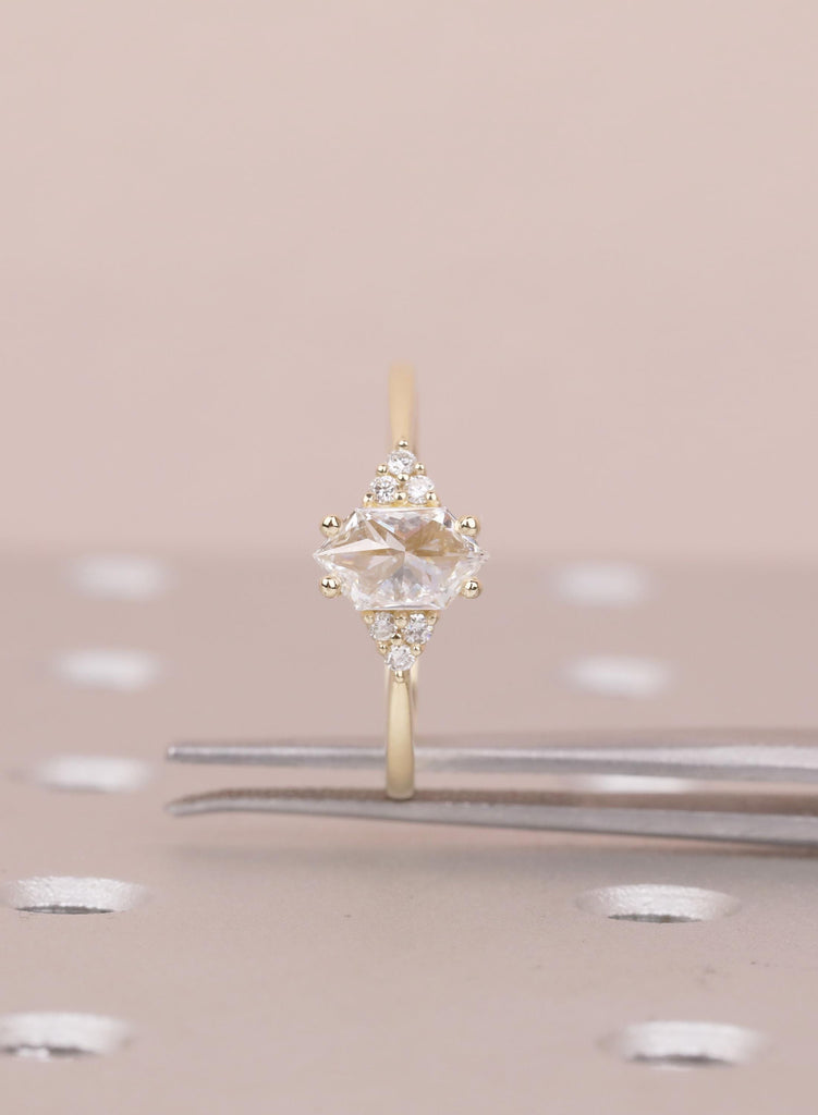 Lab Grown Hexagon Diamond Engagement Ring, 14K Yellow Gold Cluster Wedding Ring, Anniversary Gift image #2