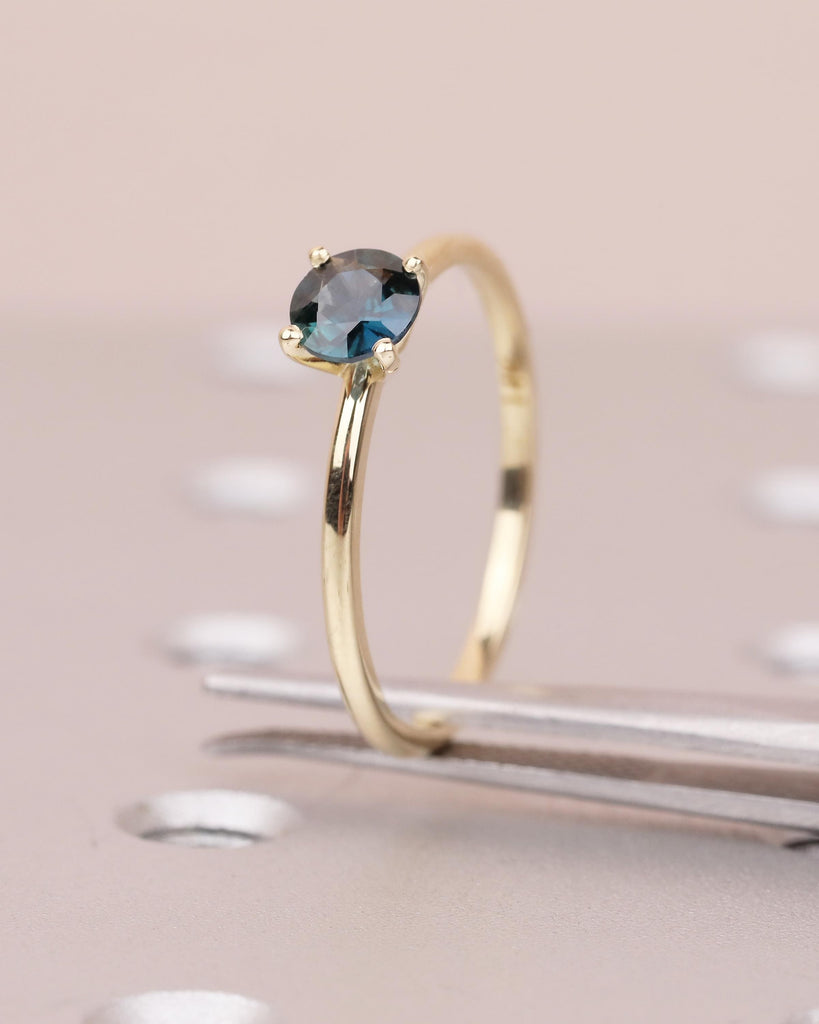 Round Teal Sapphire Engagement Ring, Comfort Fit 14k Solid Gold Solitaire Ring, Minimalist Green Gemstone Jewelry, September Birthstone Ring image #10