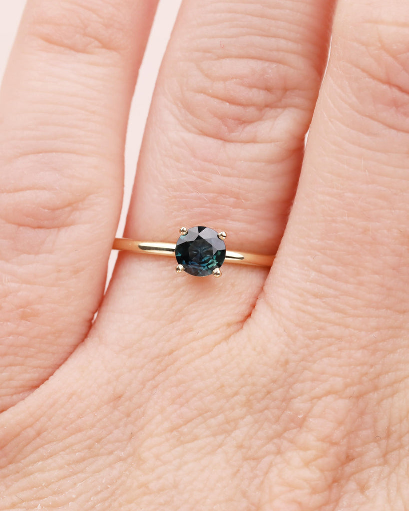 Round Teal Sapphire Engagement Ring, Comfort Fit 14k Solid Gold Solitaire Ring, Minimalist Green Gemstone Jewelry, September Birthstone Ring image #2