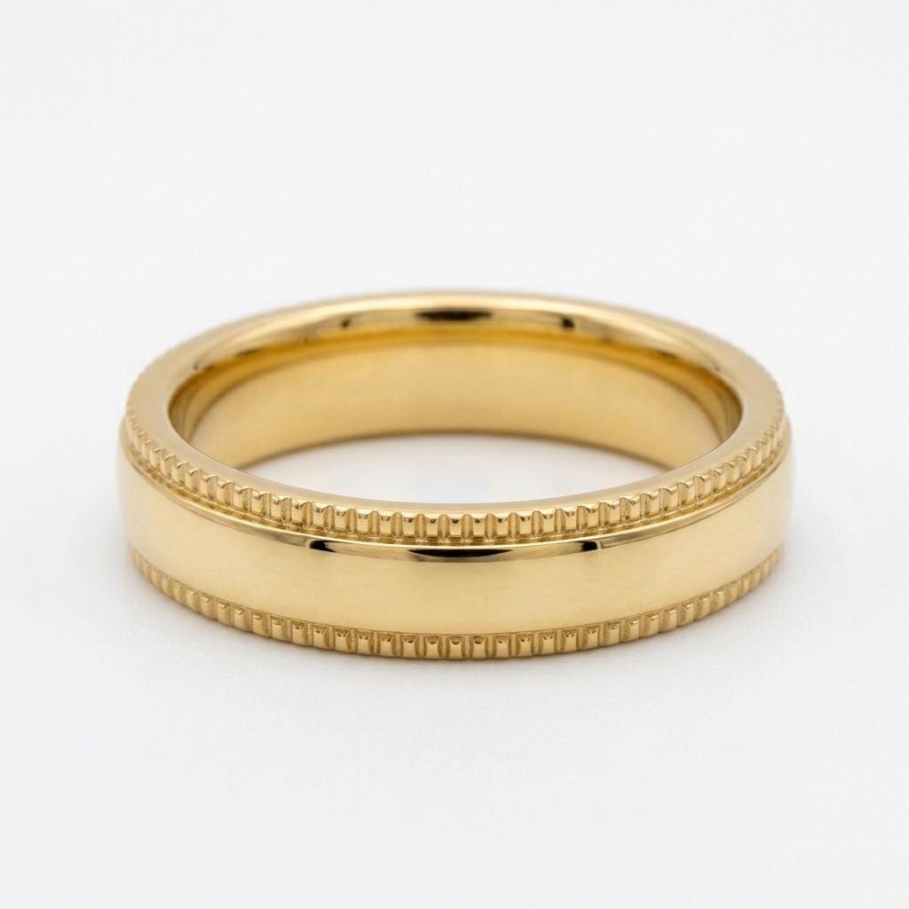 Domed 14k Yellow Gold Titanium Ring Mens Milgrain Wedding Band Ring, 5 mm, Yellow gold titanium band Comfort Fit Shiny Polished image #2