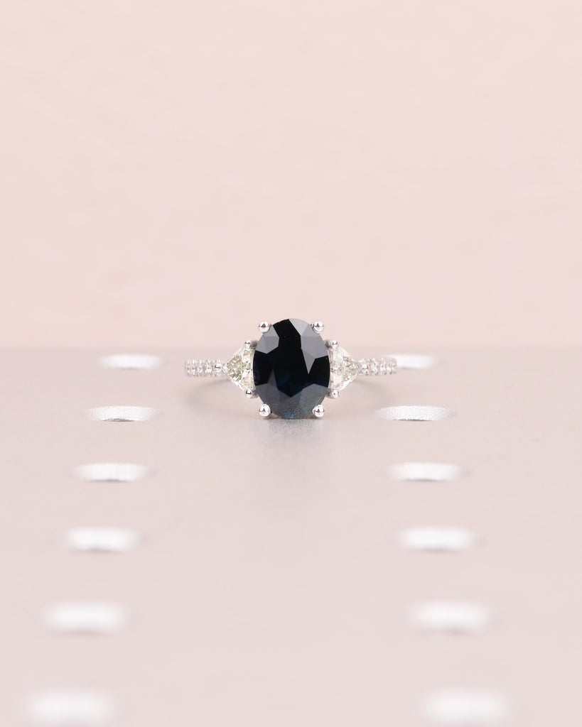 Oval Teal Sapphire Ring, 18k White Gold Engagement Ring, Round and Trillion Cut Diamonds image #16