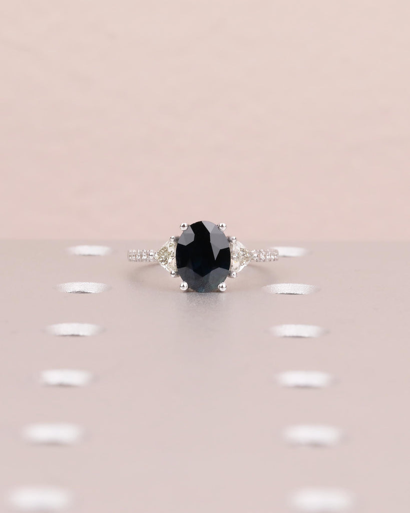 Oval Teal Sapphire Ring, 18k White Gold Engagement Ring, Round and Trillion Cut Diamonds image #13