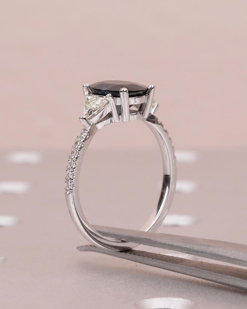 Oval Teal Sapphire Ring, 18k White Gold Engagement Ring, Round and Trillion Cut Diamonds image #15