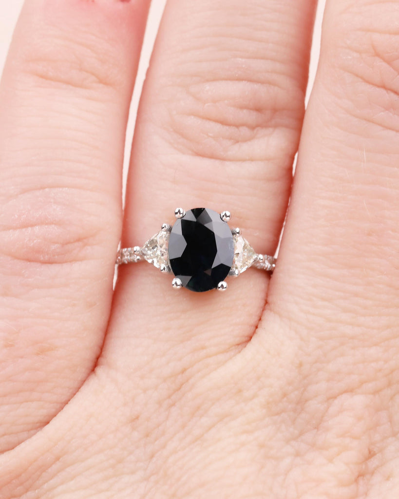 Oval Teal Sapphire Ring, 18k White Gold Engagement Ring, Round and Trillion Cut Diamonds image #11