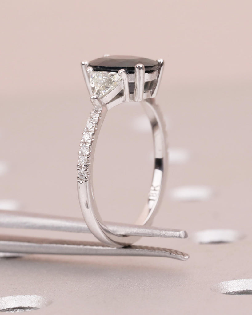 Oval Teal Sapphire Ring, 18k White Gold Engagement Ring, Round and Trillion Cut Diamonds image #5