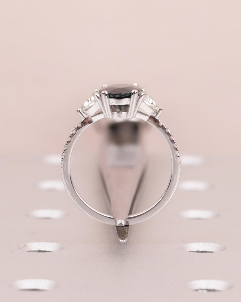 Oval Teal Sapphire Ring, 18k White Gold Engagement Ring, Round and Trillion Cut Diamonds image #8