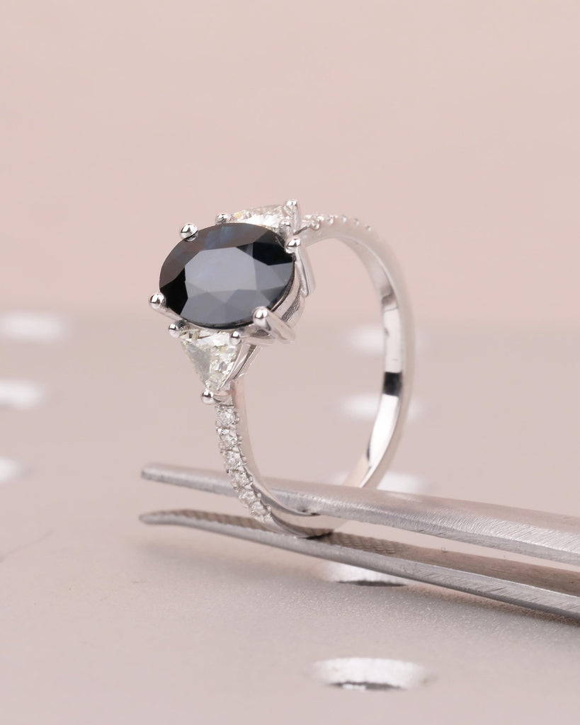 Oval Teal Sapphire Ring, 18k White Gold Engagement Ring, Round and Trillion Cut Diamonds image #2