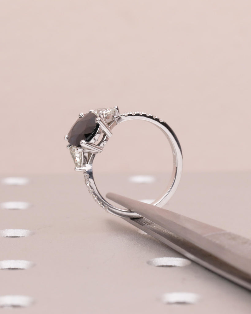 Oval Teal Sapphire Ring, 18k White Gold Engagement Ring, Round and Trillion Cut Diamonds image #12