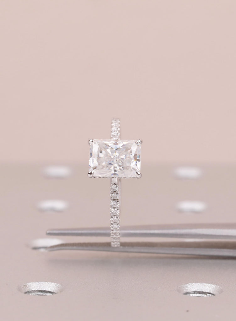 Radiant Cut Moissanite Engagement Ring | 14K White Gold Hidden Halo Wedding Ring | Half Eternity Pave Band | Handmade Bridal Ring for Her