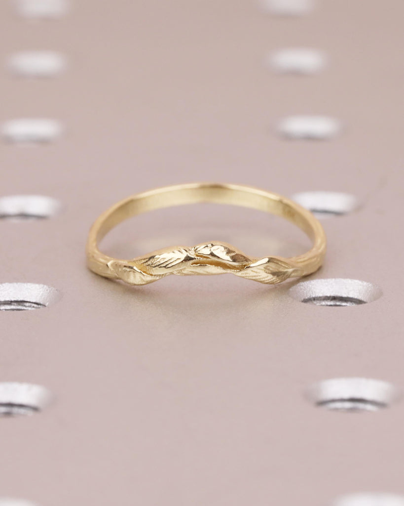 Solid Gold Nature Inspired Leaf Wedding Band, Handmade Engraved Curved Matching Ring, Vintage Gold Leaf Branch Ring, Women's Wedding Ring image #2