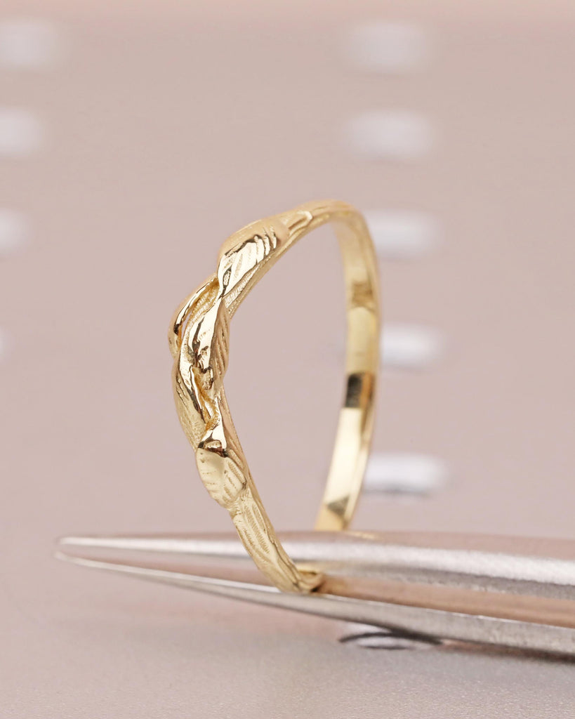 Nature Inspired Leaf Wedding Band | Curved Leaf Ring, Twig Engraved Stacking Band | Platinum or Solid Gold Matching Ring image #5