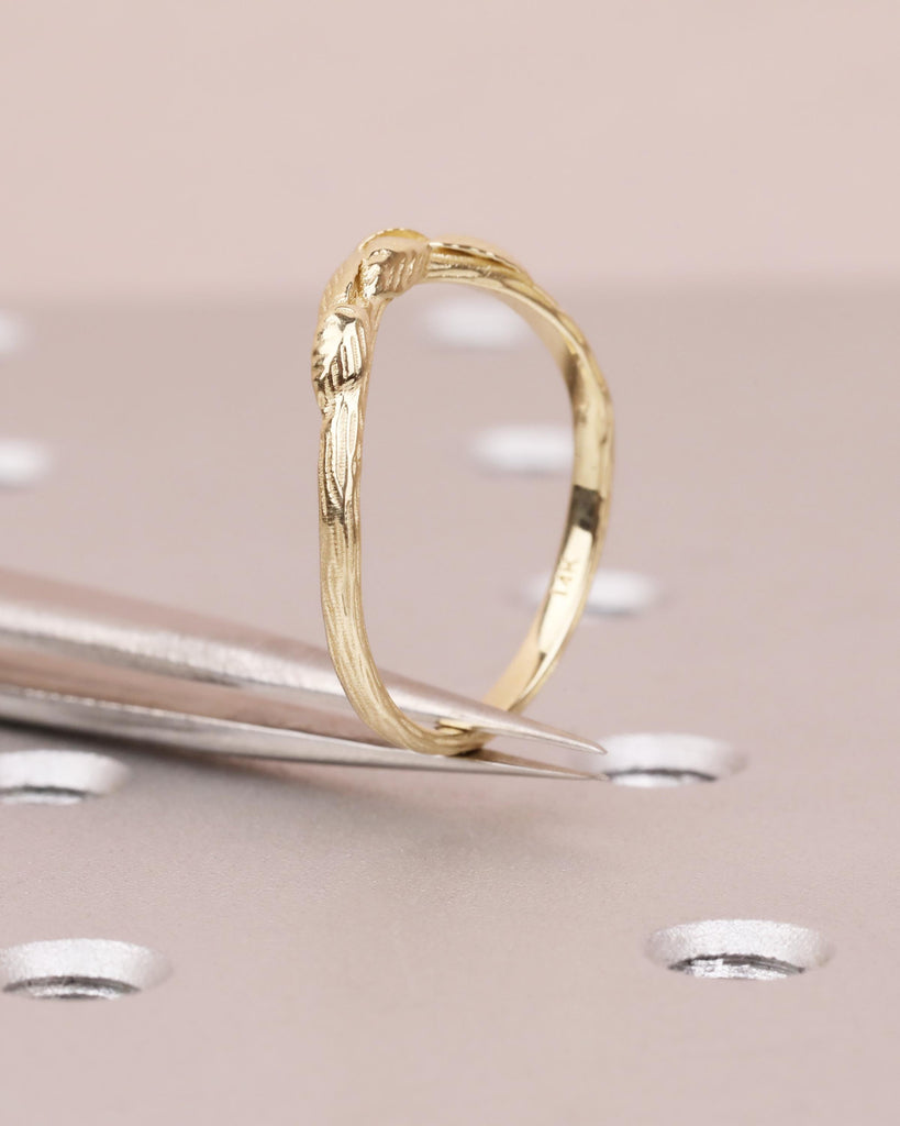 Solid Gold Nature Inspired Leaf Wedding Band, Handmade Engraved Curved Matching Ring, Vintage Gold Leaf Branch Ring, Women's Wedding Ring image #9