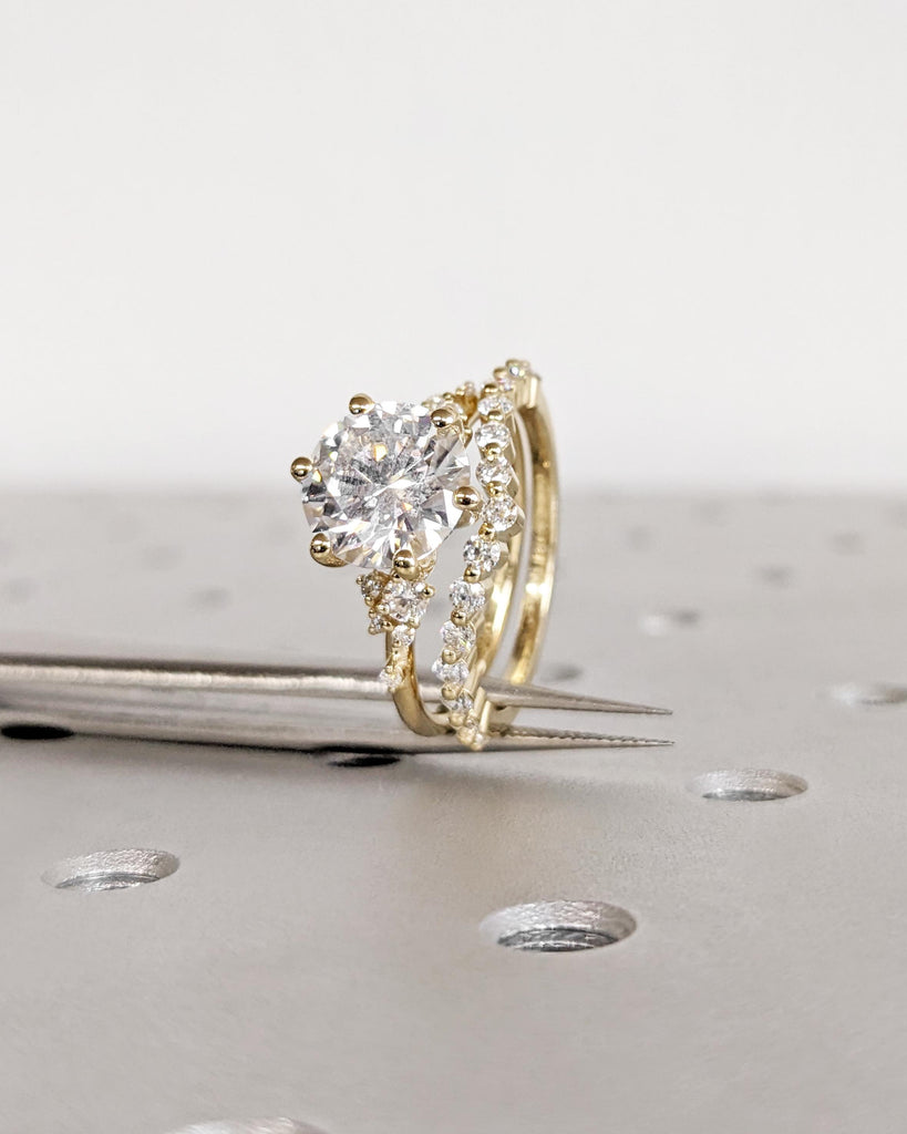 Vintage Engagement Ring Set: IGI Certified Lab Grown Diamond, Snowdrift Cluster Ring, Curved Wedding Band, 14K Solid Gold Rings image #8