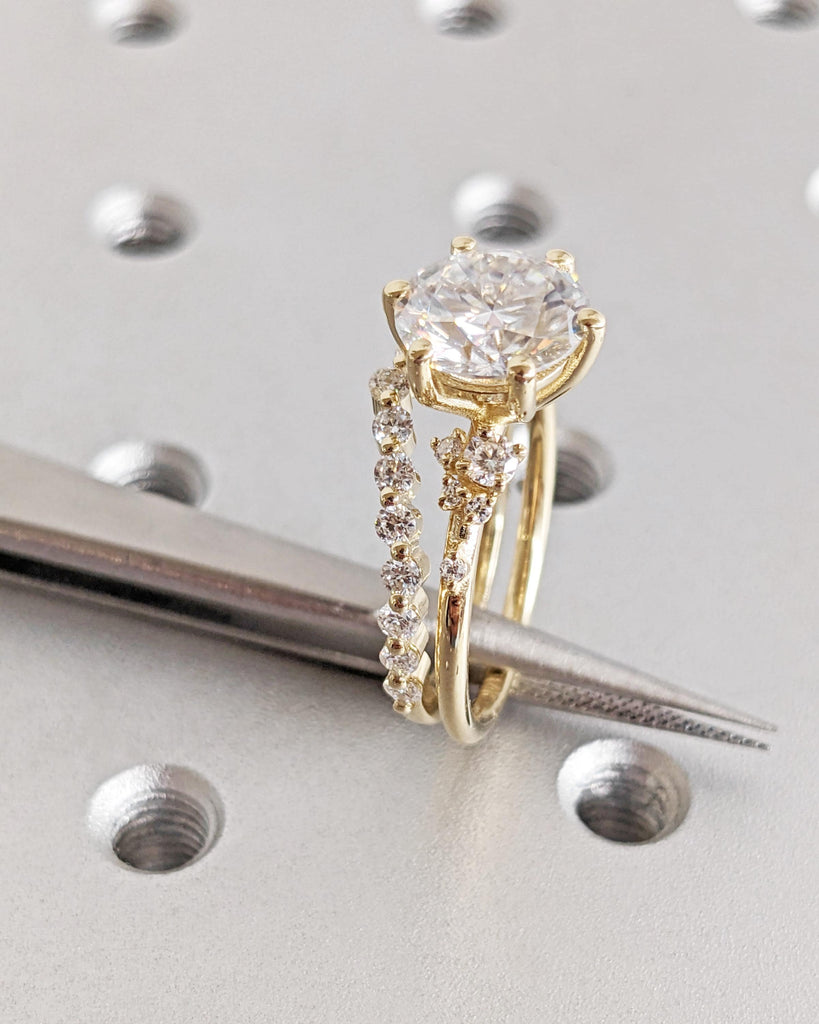 Vintage Engagement Ring Set: IGI Certified Lab Grown Diamond, Snowdrift Cluster Ring, Curved Wedding Band, 14K Solid Gold Rings image #7