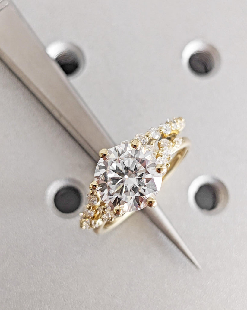 Vintage Engagement Ring Set: IGI Certified Lab Grown Diamond, Snowdrift Cluster Ring, Curved Wedding Band, 14K Solid Gold Rings image #9