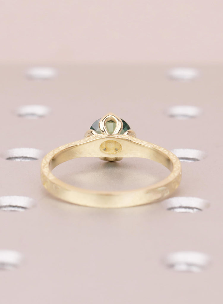 Vintage Teal Sapphire Engagement Ring, Filigree 14K Yellow Gold Solitaire, September Birthstone Wedding Ring, Fine Jewelry, Anniversary Ring image #5