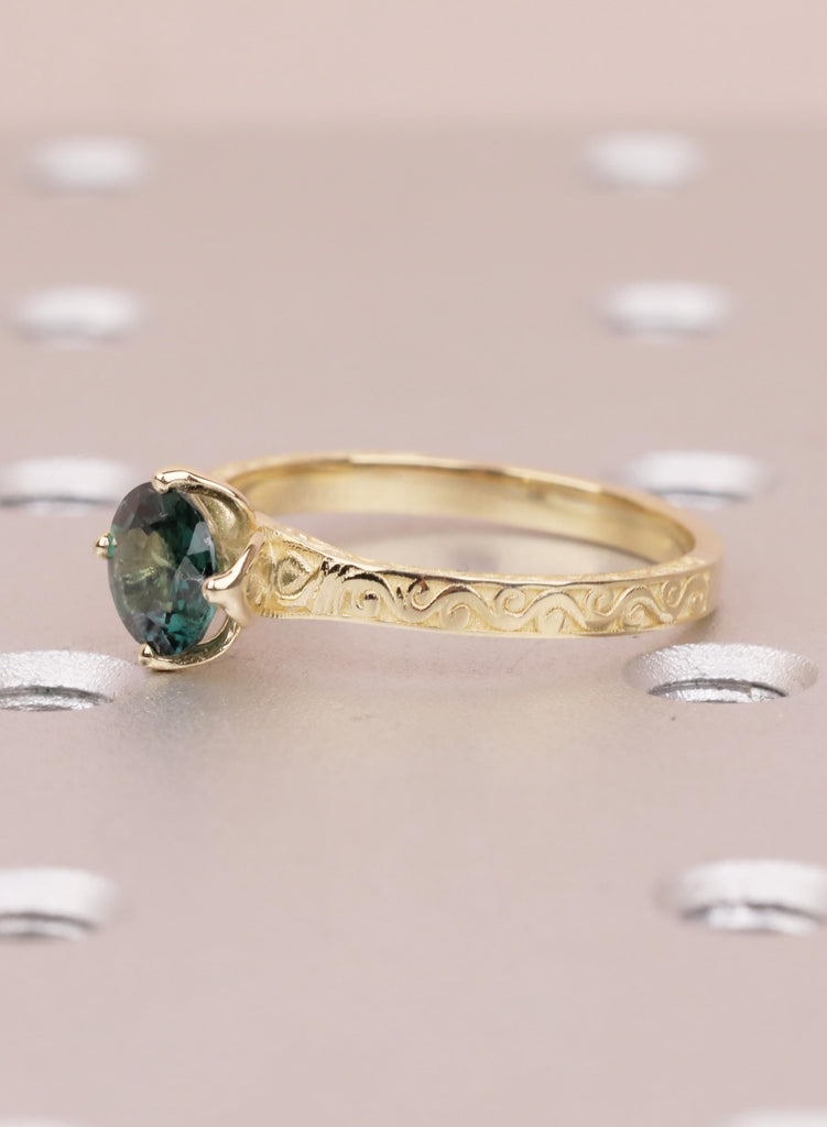 Vintage Teal Sapphire Engagement Ring, Filigree 14K Yellow Gold Solitaire, September Birthstone Wedding Ring, Fine Jewelry, Anniversary Ring image #7