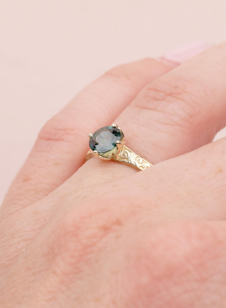Vintage Teal Sapphire Engagement Ring, Filigree 14K Yellow Gold Solitaire, September Birthstone Wedding Ring, Fine Jewelry, Anniversary Ring image #13
