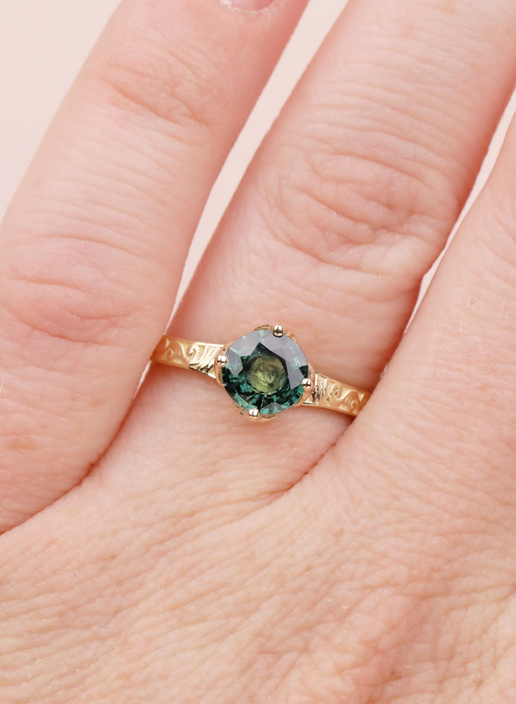 Vintage Teal Sapphire Engagement Ring, Filigree 14K Yellow Gold Solitaire, September Birthstone Wedding Ring, Fine Jewelry, Anniversary Ring image #14