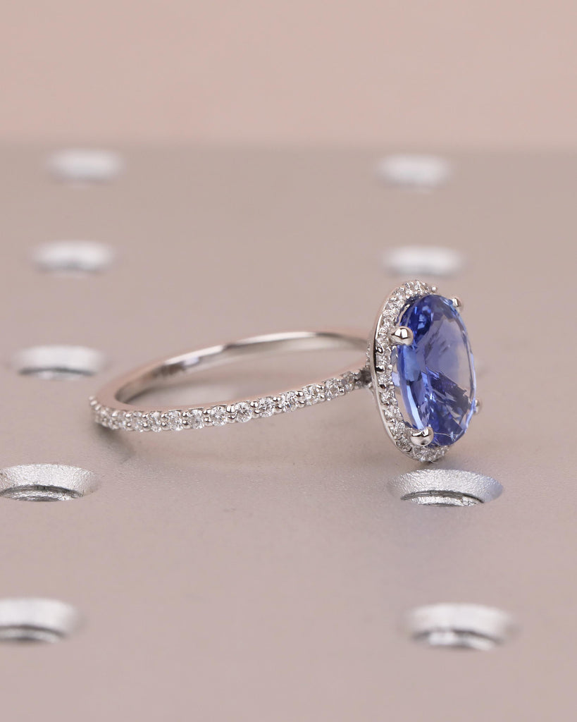 2.5ct Blue Sapphire Engagement Ring, 14k White Gold Diamond Halo Ring, Eternity Ring, Oval Gemstone Rings for Women, September Birthstone image #9
