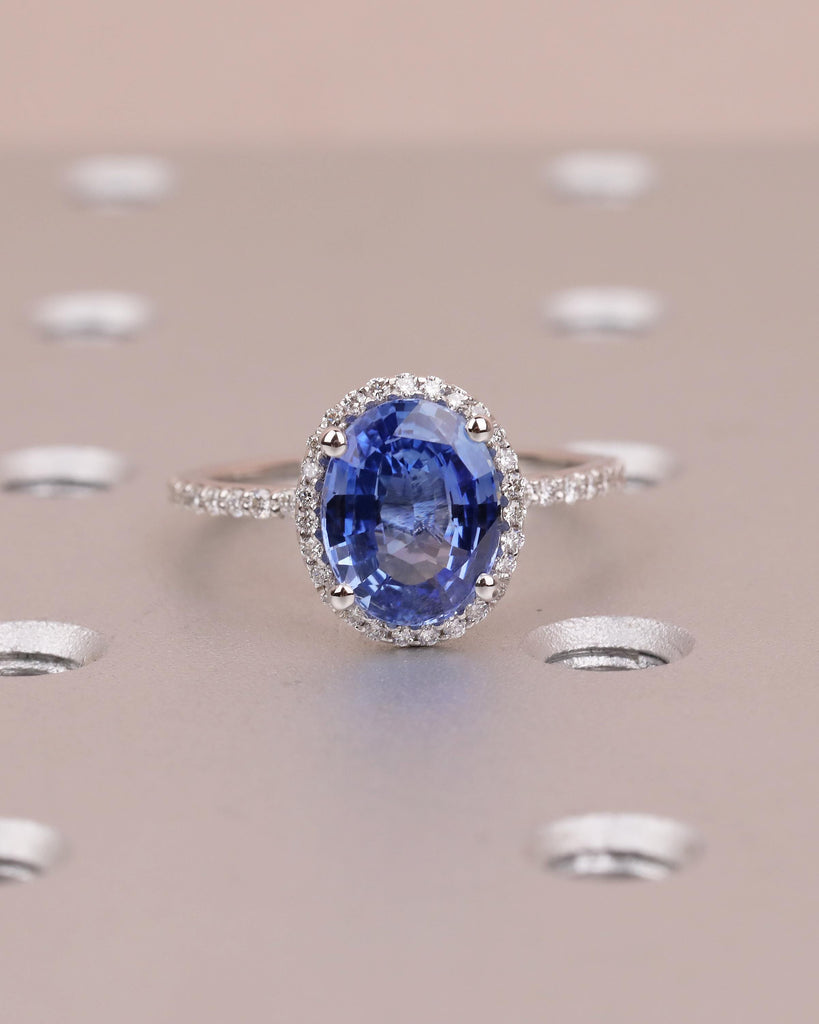 2.5ct Blue Sapphire Engagement Ring, 14k White Gold Diamond Halo Ring, Eternity Ring, Oval Gemstone Rings for Women, September Birthstone image #12