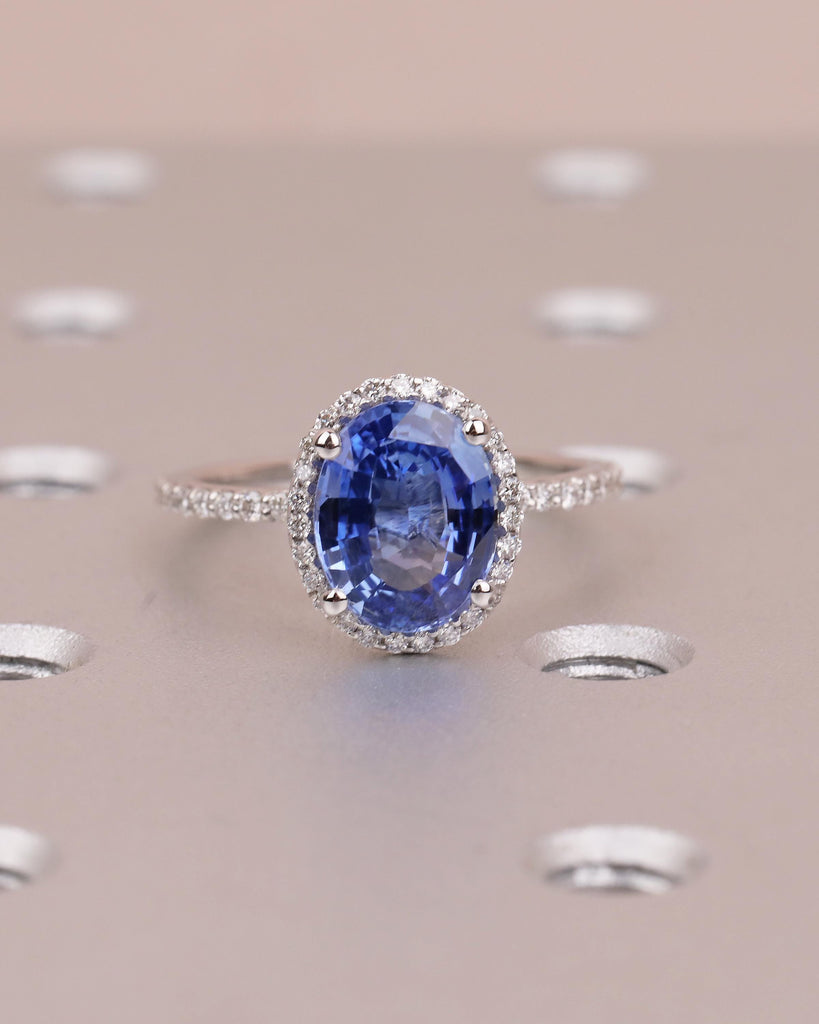 2.5ct Blue Sapphire Engagement Ring, 14k White Gold Diamond Halo Ring, Eternity Ring, Oval Gemstone Rings for Women, September Birthstone image #10