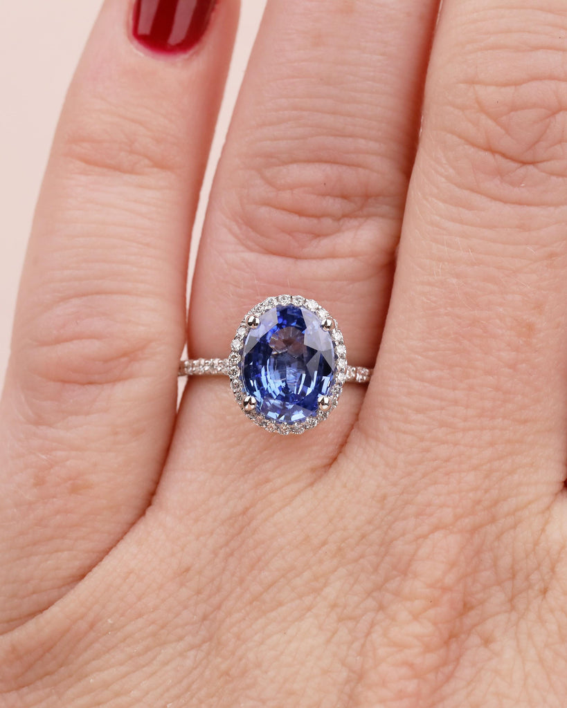 2.5ct Blue Sapphire Engagement Ring, 14k White Gold Diamond Halo Ring, Eternity Ring, Oval Gemstone Rings for Women, September Birthstone image #2