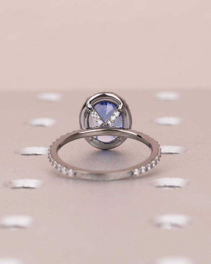 Diamond Halo Blue Sapphire Ring, Oval Engagement Ring, Vintage 14k Black Gold Promise Ring for Her, Dainty Eternity Band, Gemstone Jewelry image #7
