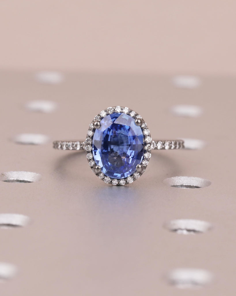 Diamond Halo Blue Sapphire Ring, Oval Engagement Ring, Vintage 14k Black Gold Promise Ring for Her, Dainty Eternity Band, Gemstone Jewelry image #14