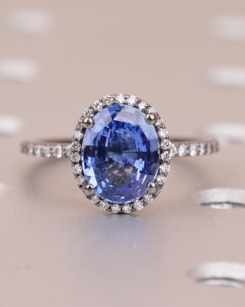 Diamond Halo Blue Sapphire Ring, Oval Engagement Ring, Vintage 14k Black Gold Promise Ring for Her, Dainty Eternity Band, Gemstone Jewelry image #12