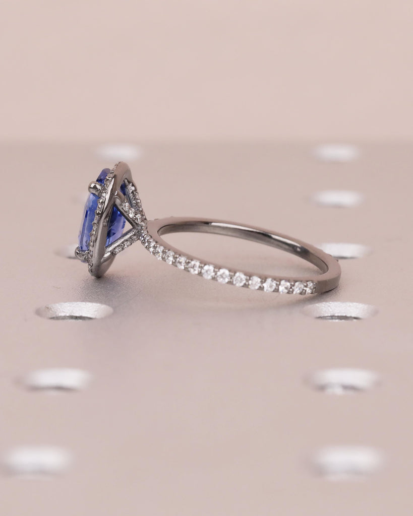 Diamond Halo Blue Sapphire Ring, Oval Engagement Ring, Vintage 14k Black Gold Promise Ring for Her, Dainty Eternity Band, Gemstone Jewelry image #5