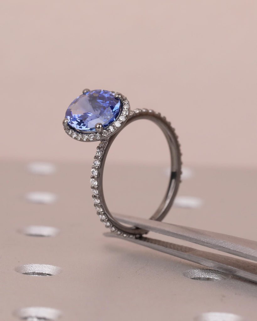 Diamond Halo Blue Sapphire Ring, Oval Engagement Ring, Vintage 14k Black Gold Promise Ring for Her, Dainty Eternity Band, Gemstone Jewelry image #13
