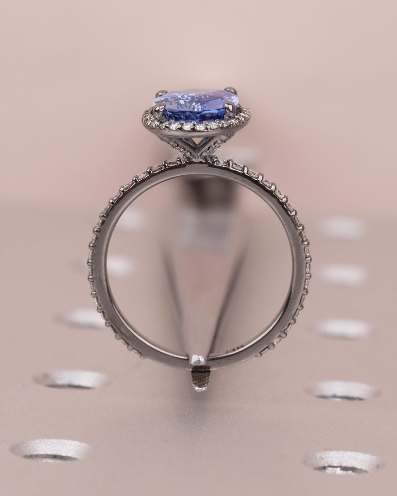 Diamond Halo Blue Sapphire Ring, Oval Engagement Ring, Vintage 14k Black Gold Promise Ring for Her, Dainty Eternity Band, Gemstone Jewelry image #8
