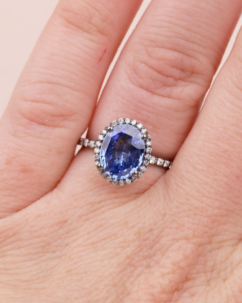 Diamond Halo Blue Sapphire Ring, Oval Engagement Ring, Vintage 14k Black Gold Promise Ring for Her, Dainty Eternity Band, Gemstone Jewelry image #15